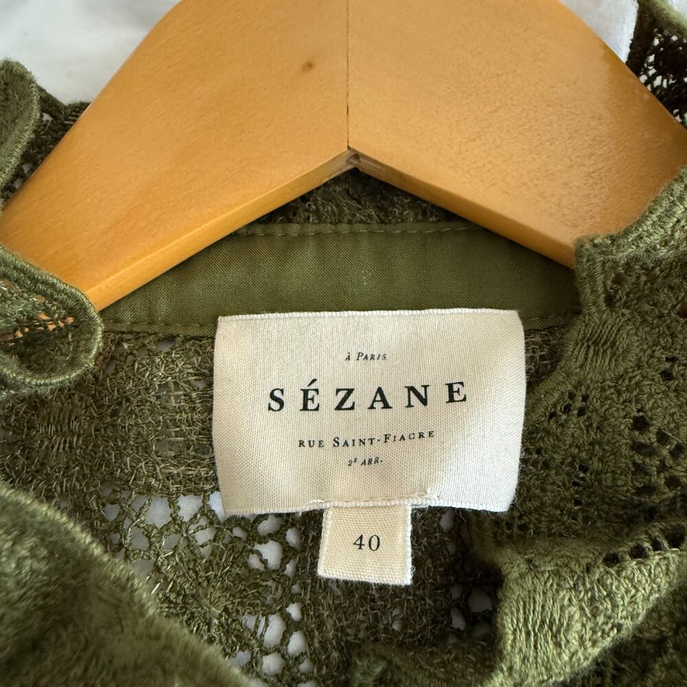 Sézane Chlo khaki guipure lace shirt size FR40 US8 like new - Picture 6 of 6